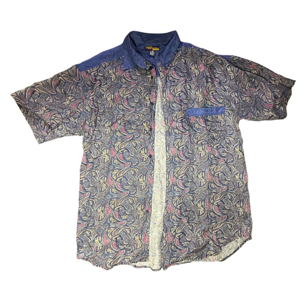 Max Deco Silk Button‎ Down Shirt L/XL Blue Paisley Pattern Short Sleeve